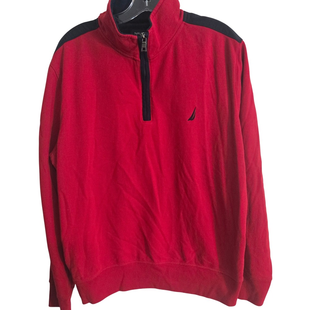 Nautica Quarter Zip Pullover Men's Large Red Black Colorblock Sweater Preppy‎